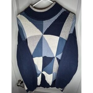 Vintage 90's Knitted Blue Abstract Triangle Art Patterned Crewneck Sweater